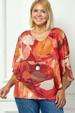 Cold Shoulder V-Neck Hanky Hem Poncho Top in Ivory/Marigold/Orange - Plus