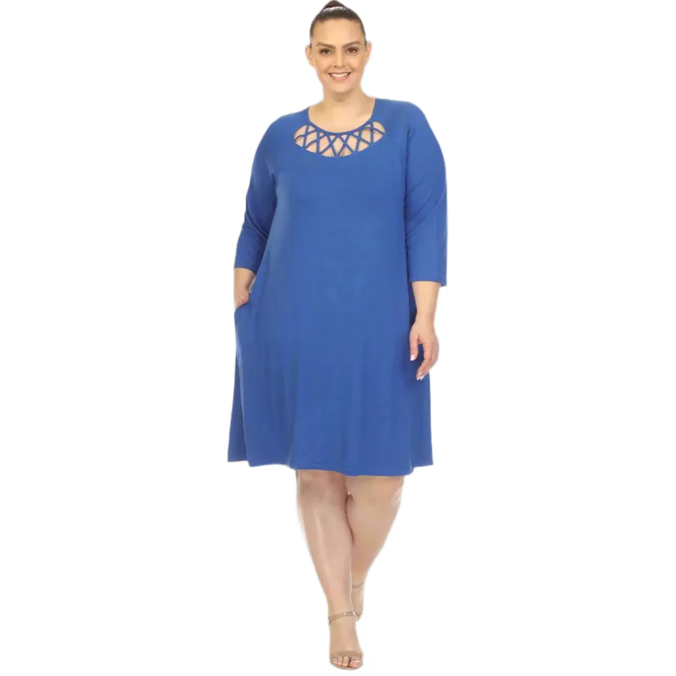 Criss Cross Neckline Swing Midi Dress - Plus