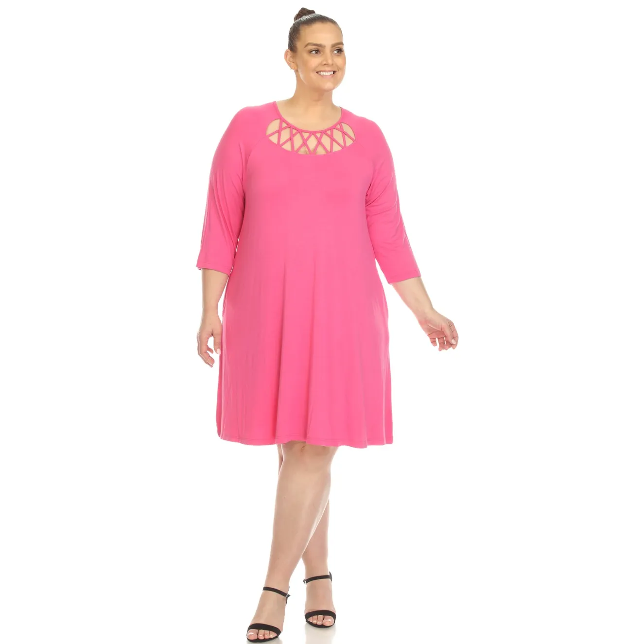 Criss Cross Neckline Swing Midi Dress - Plus