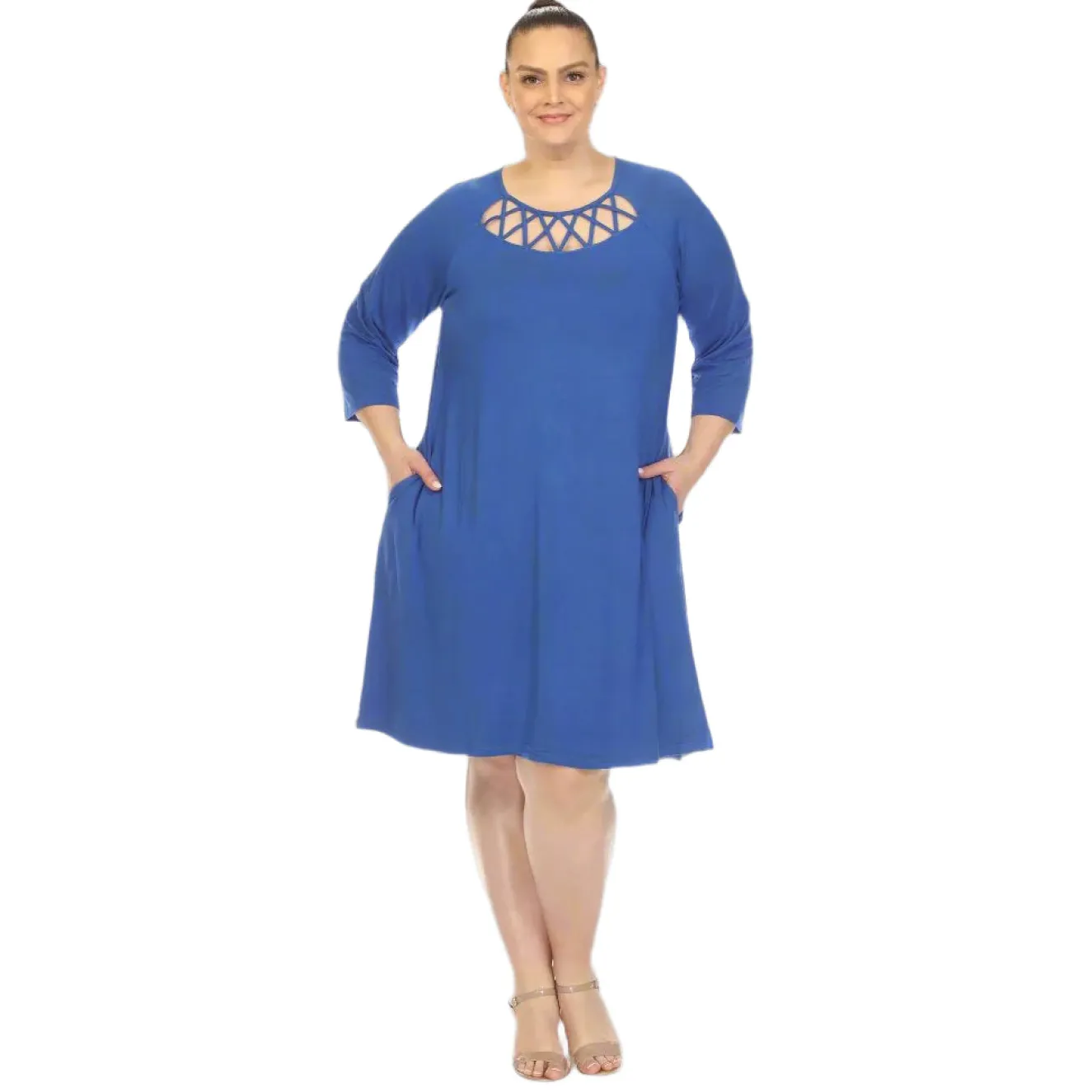 Criss Cross Neckline Swing Midi Dress - Plus