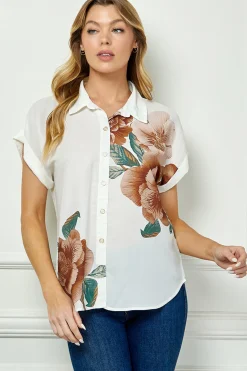 Cuff Sleeve Button-Front Print Blouse in Ivory/Brown/Green