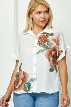 Cuff Sleeve Button-Front Print Blouse in Ivory/Brown/Green - Plus