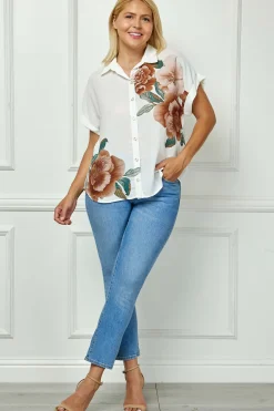 Cuff Sleeve Button-Front Print Blouse in Ivory/Brown/Green - Plus