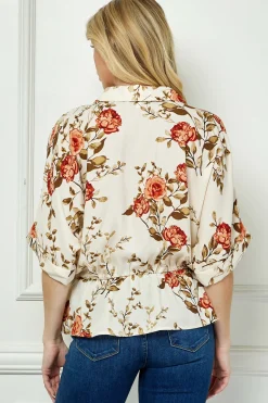 Dolman Sleeve Elastic Waist Popover Blouse in Cream/Rust/Olive