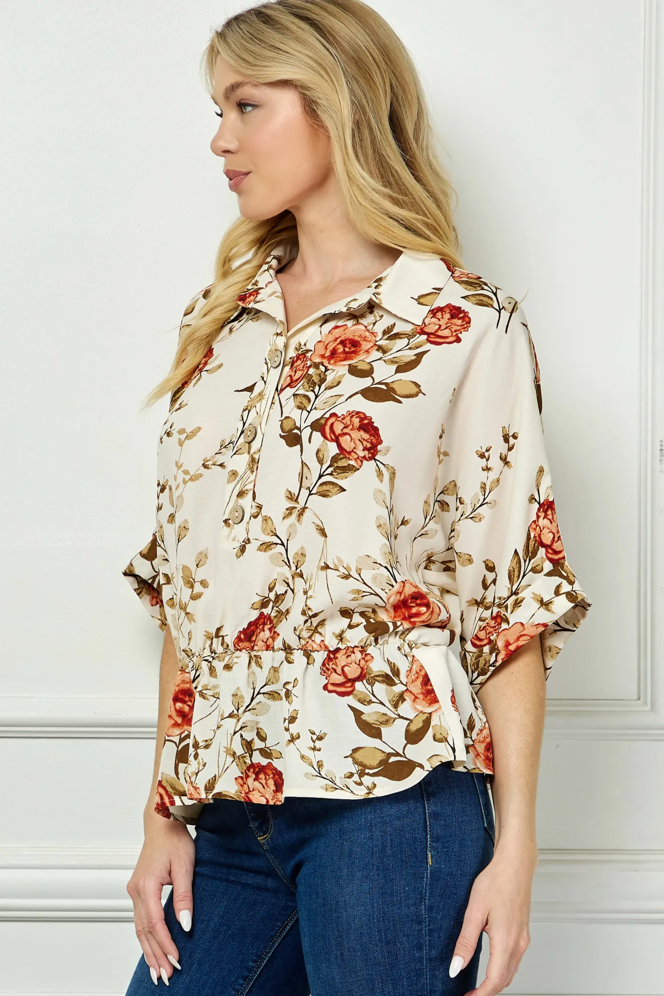 Dolman Sleeve Elastic Waist Popover Blouse in Cream/Rust/Olive