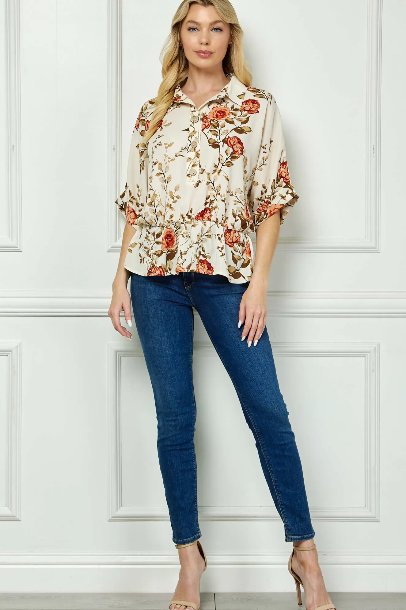 Dolman Sleeve Elastic Waist Popover Blouse in Cream/Rust/Olive