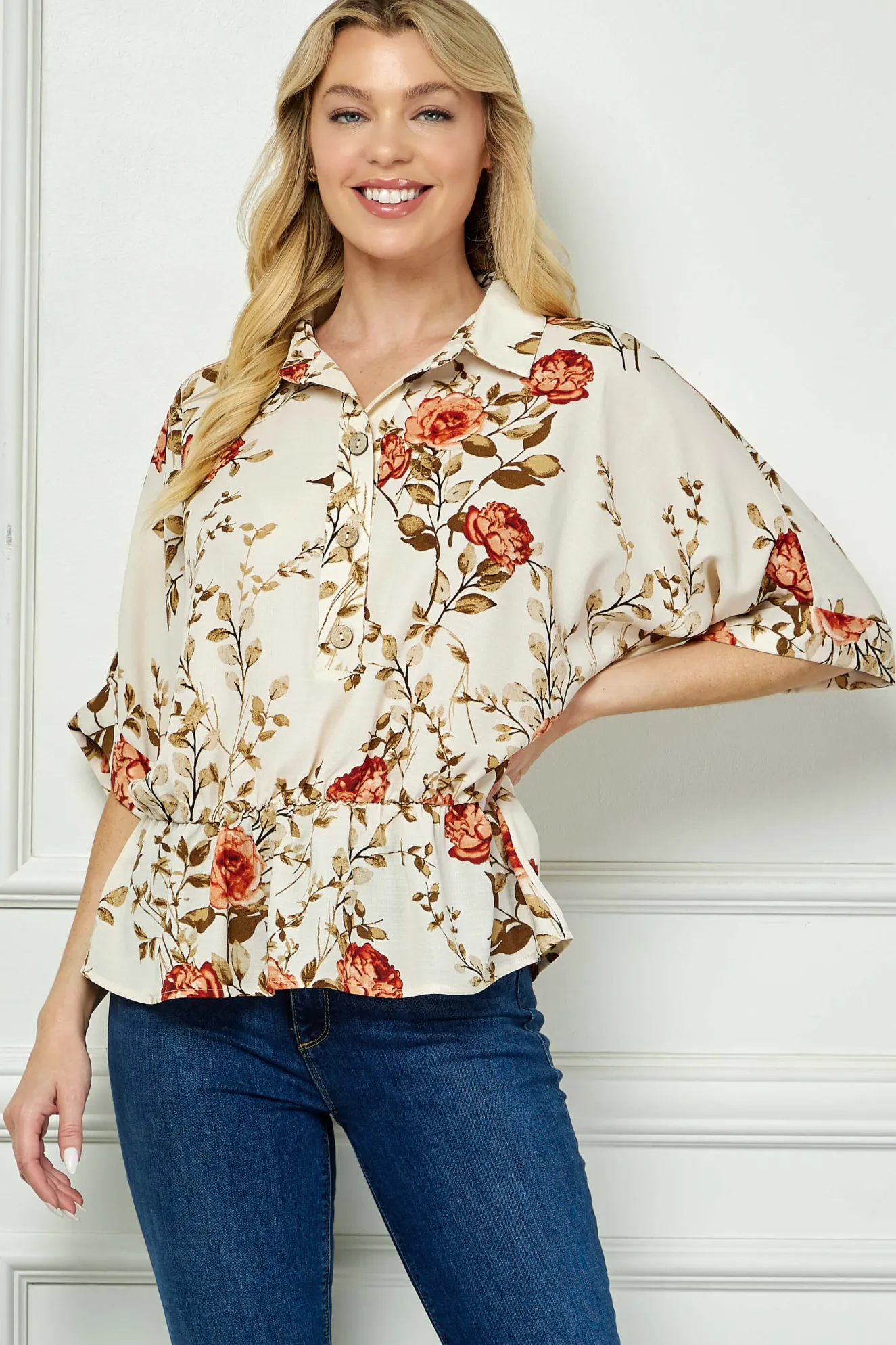 Dolman Sleeve Elastic Waist Popover Blouse in Cream/Rust/Olive