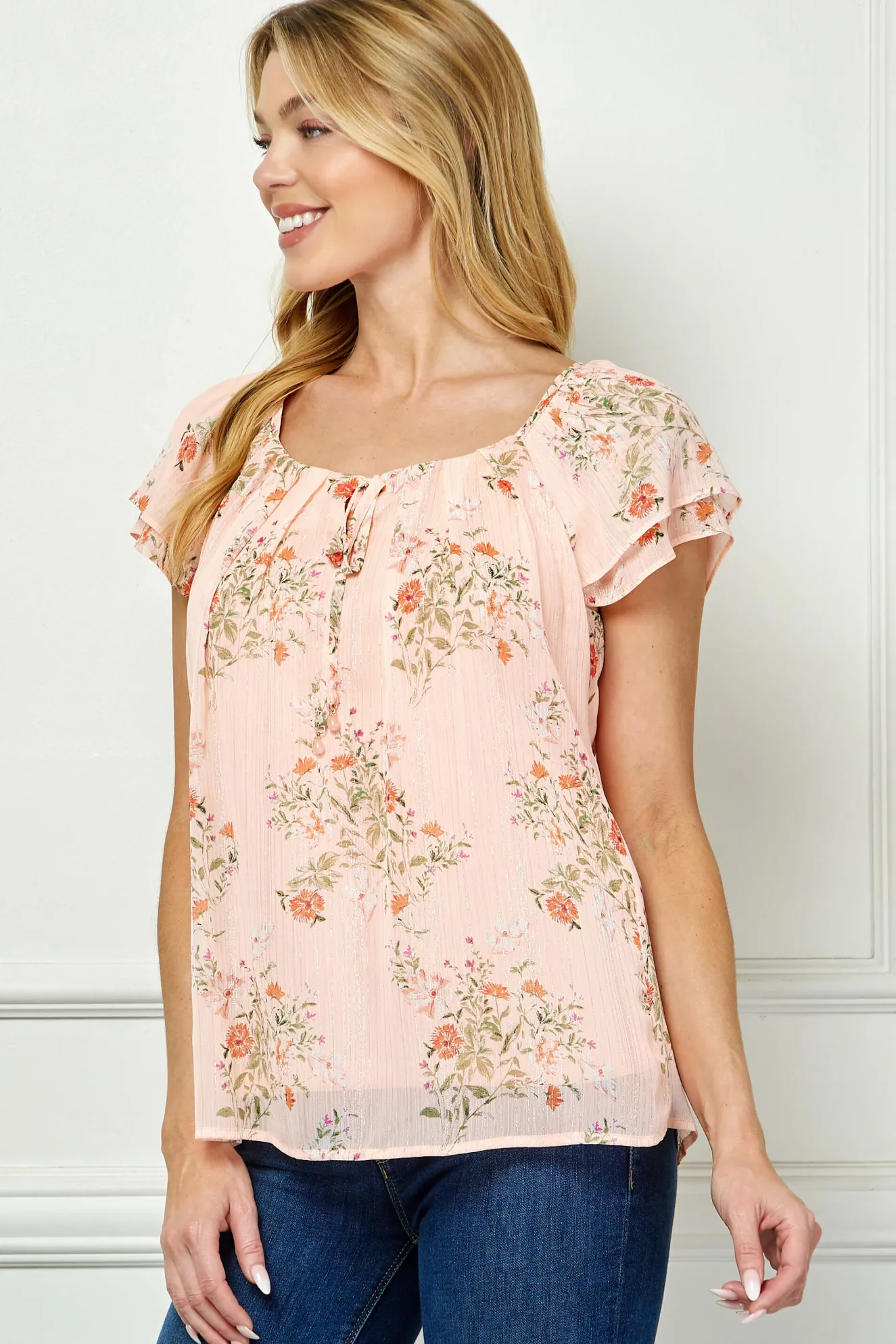 Double Flutter Sleeve Beaded Tie Neck Blouse in Peach