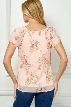 Double Flutter Sleeve Beaded Tie Neck Blouse in Peach