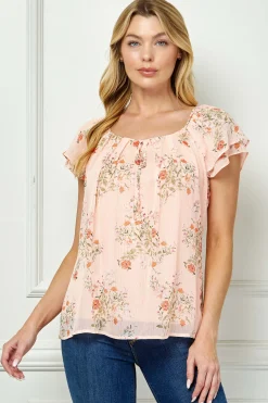 Double Flutter Sleeve Beaded Tie Neck Blouse in Peach