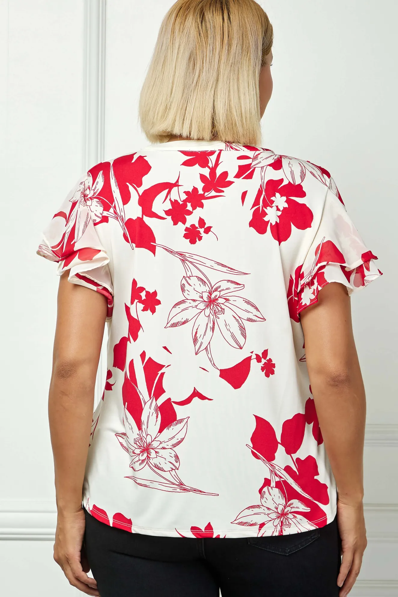 Double Flutter Sleeve Mandarin Collar V-Neck Blouse in Red/Cream - Plus