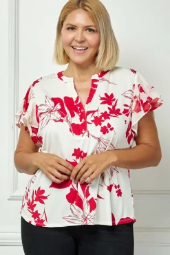 Double Flutter Sleeve Mandarin Collar V-Neck Blouse in Red/Cream - Plus