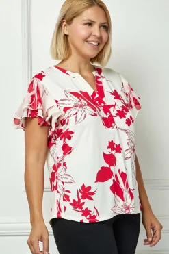 Double Flutter Sleeve Mandarin Collar V-Neck Blouse in Red/Cream - Plus