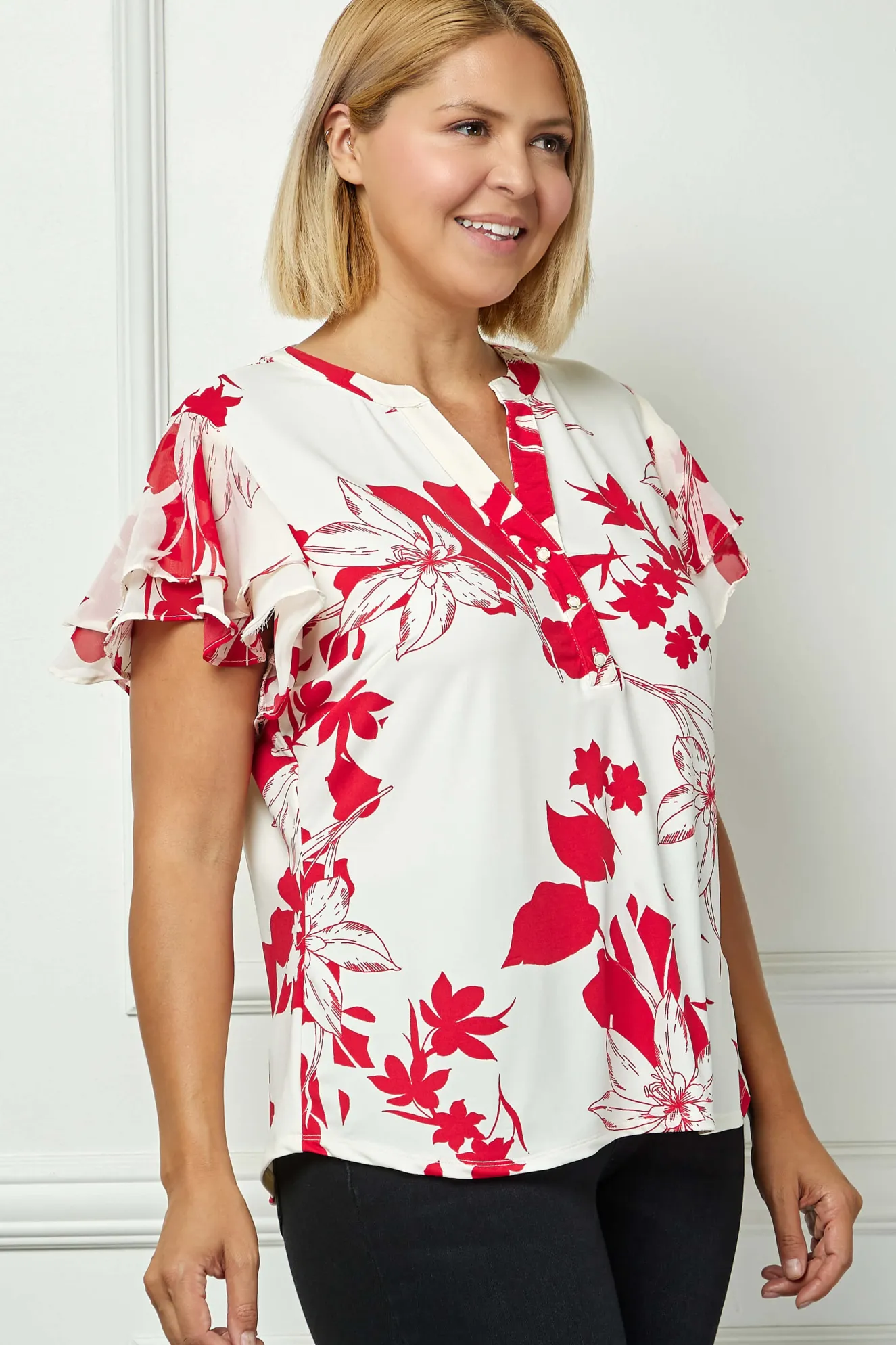 Double Flutter Sleeve Mandarin Collar V-Neck Blouse in Red/Cream - Plus