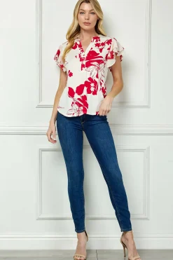Double Flutter Sleeve Mandarin Collar V-Neck Blouse in Red/Cream