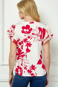 Double Flutter Sleeve Mandarin Collar V-Neck Blouse in Red/Cream