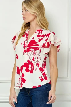 Double Flutter Sleeve Mandarin Collar V-Neck Blouse in Red/Cream