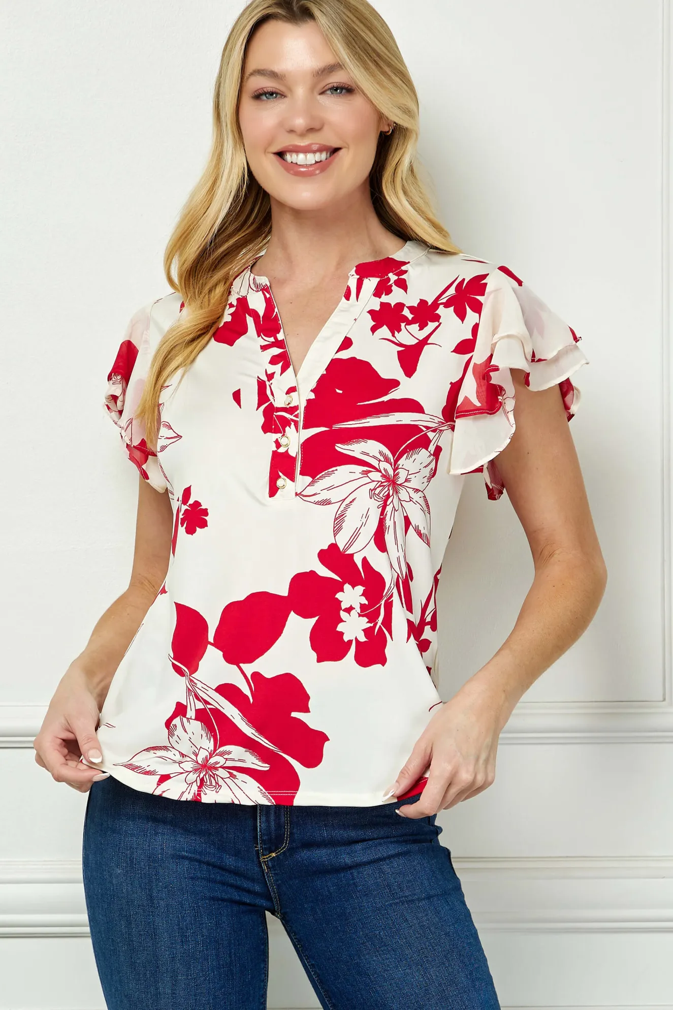 Double Flutter Sleeve Mandarin Collar V-Neck Blouse in Red/Cream