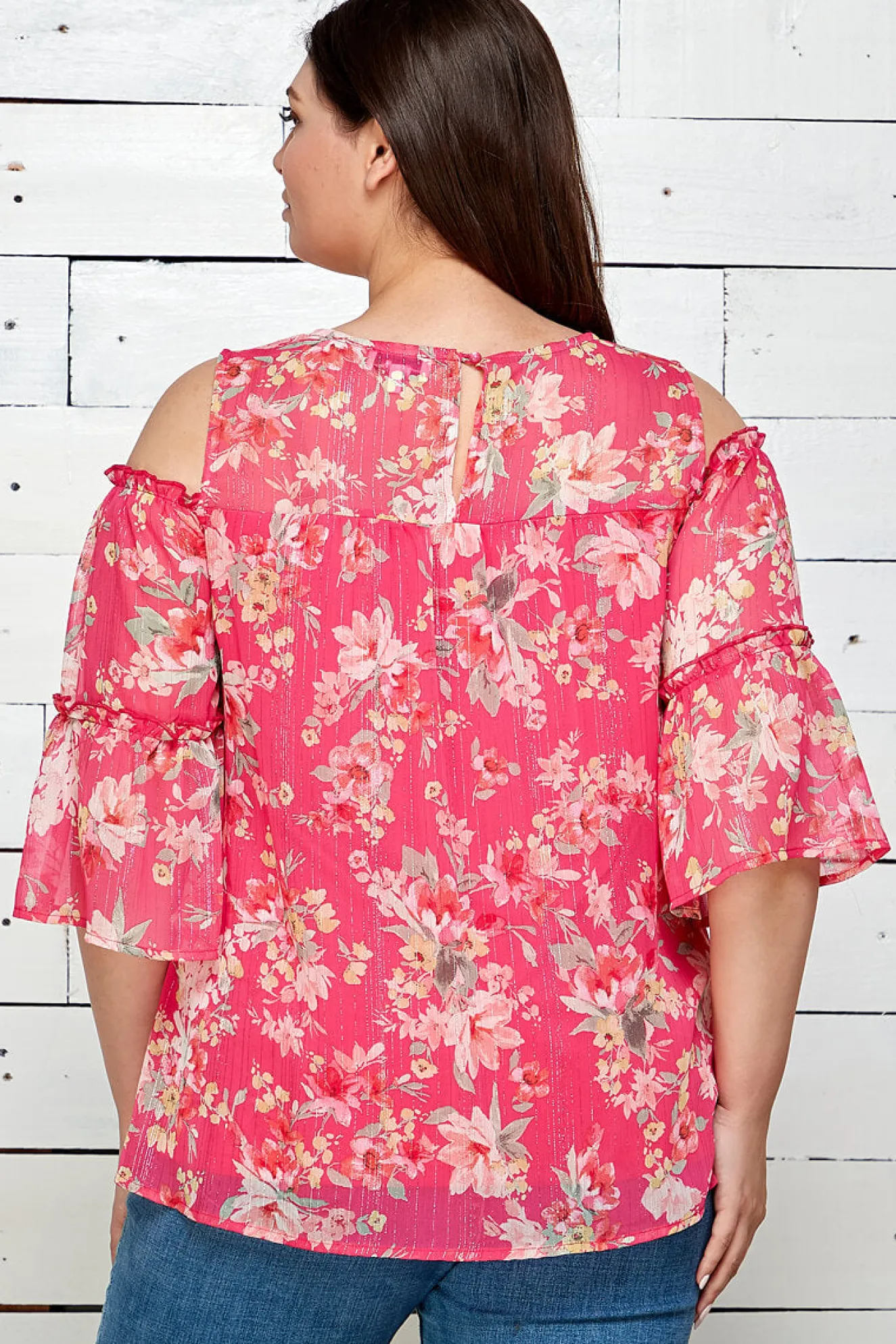 3/4 Double Ruffle Cold Shoulder Lace Inset Blouse in Pink - Plus