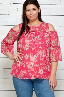 3/4 Double Ruffle Cold Shoulder Lace Inset Blouse in Pink - Plus