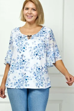 Double Ruffle Sleeve Cutout Neck Blouse in Ivory/Denim - Plus