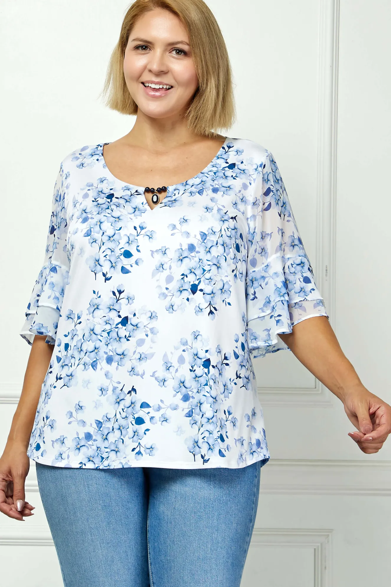 Double Ruffle Sleeve Cutout Neck Blouse in Ivory/Denim - Plus