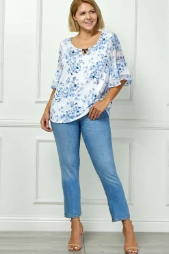 Double Ruffle Sleeve Cutout Neck Blouse in Ivory/Denim - Plus