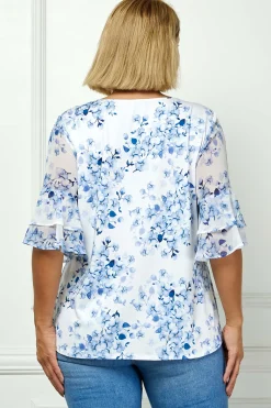 Double Ruffle Sleeve Cutout Neck Blouse in Ivory/Denim - Plus