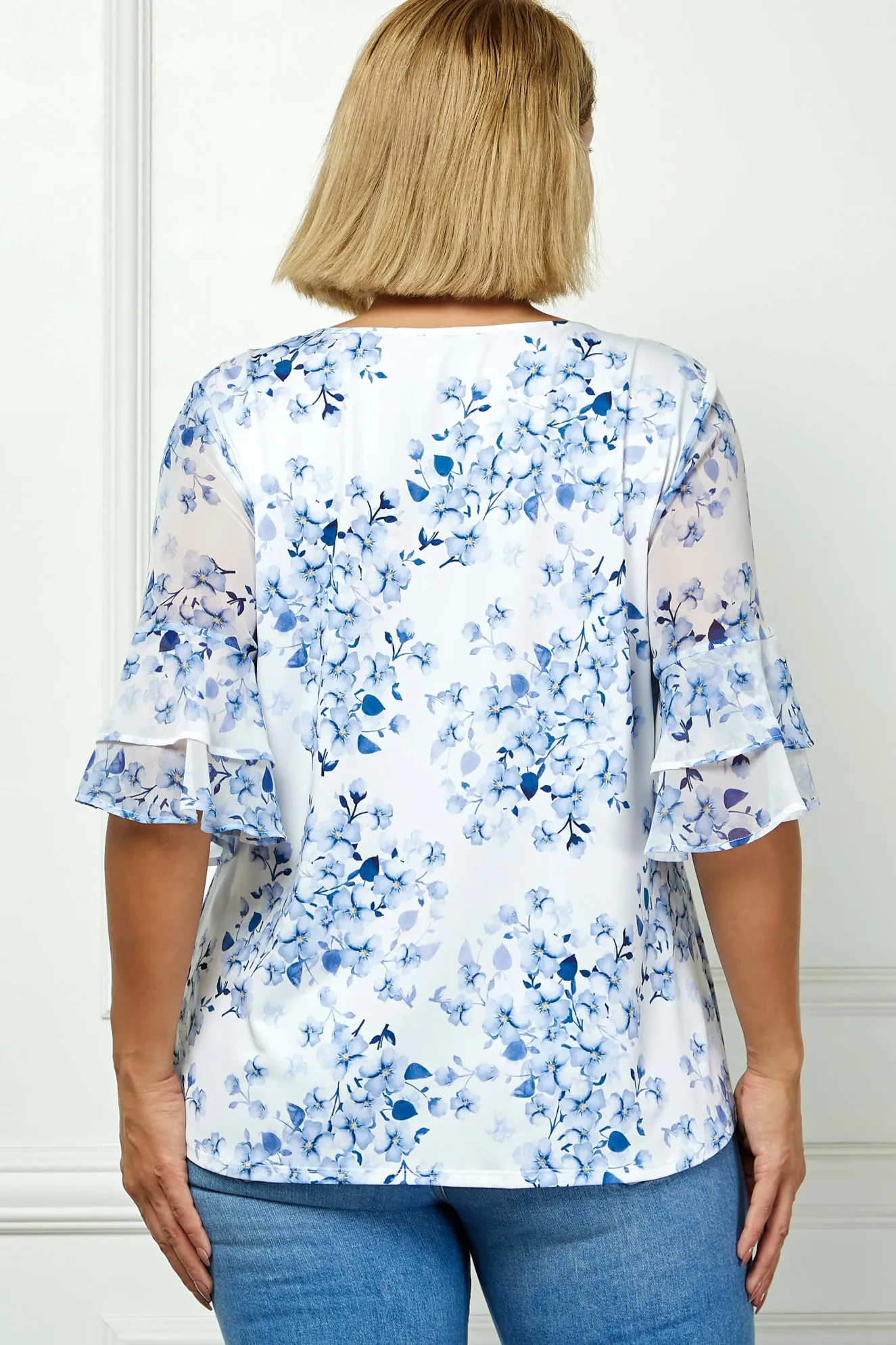 Double Ruffle Sleeve Cutout Neck Blouse in Ivory/Denim - Plus