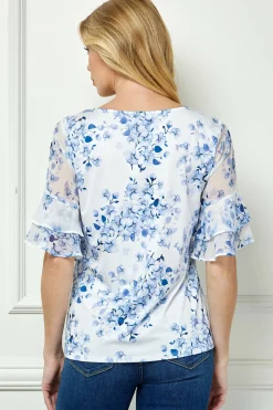 Double Ruffle Sleeve Cutout Neck Blouse in Ivory/Denim