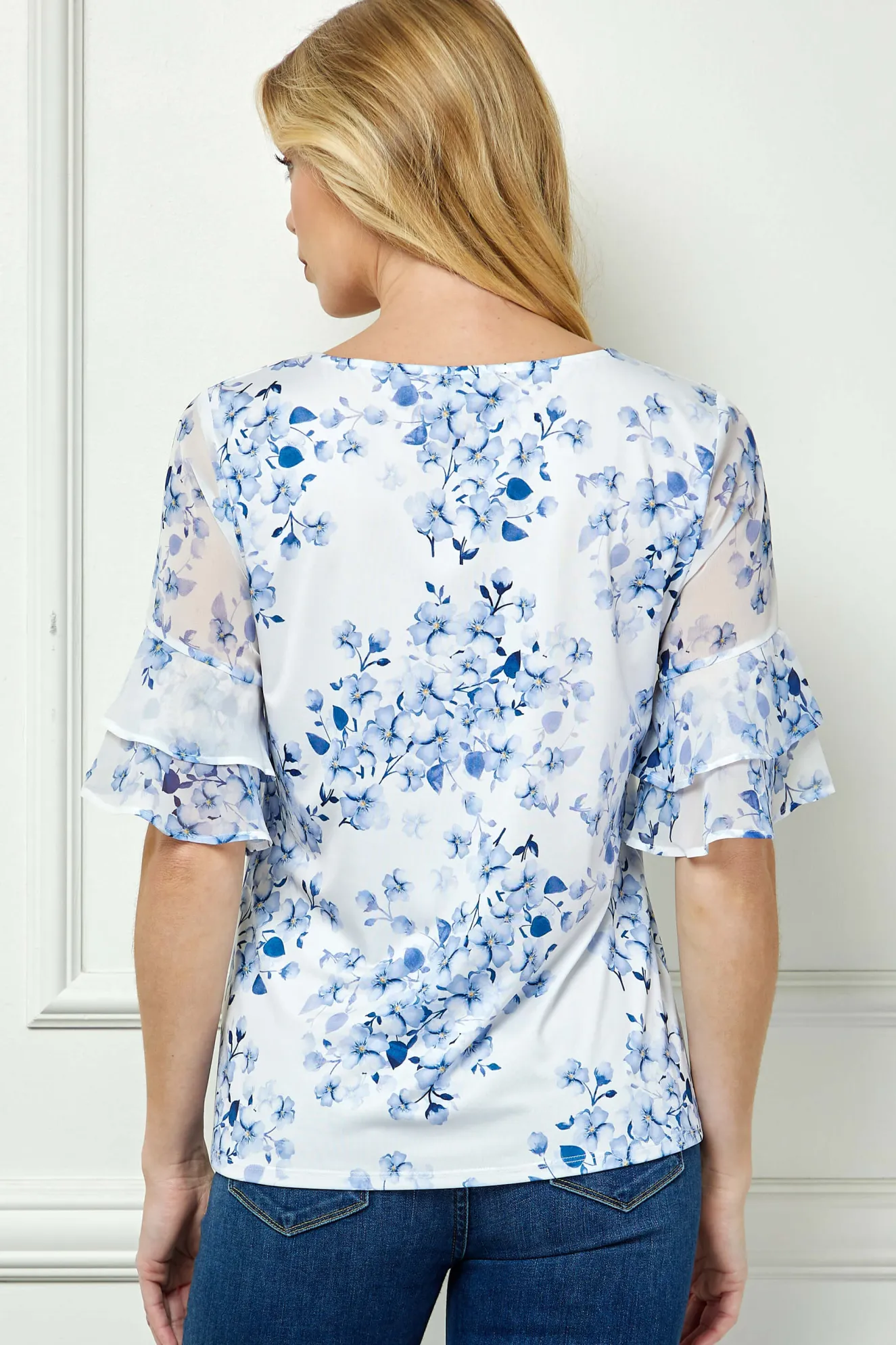 Double Ruffle Sleeve Cutout Neck Blouse in Ivory/Denim