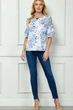 Double Ruffle Sleeve Cutout Neck Blouse in Ivory/Denim