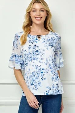 Double Ruffle Sleeve Cutout Neck Blouse in Ivory/Denim
