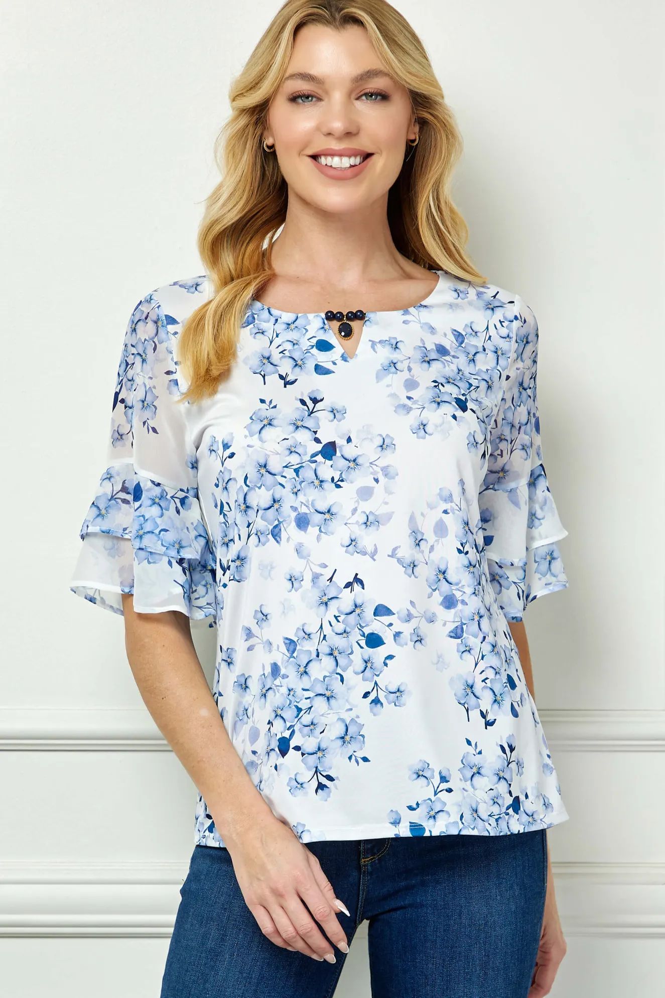Double Ruffle Sleeve Cutout Neck Blouse in Ivory/Denim