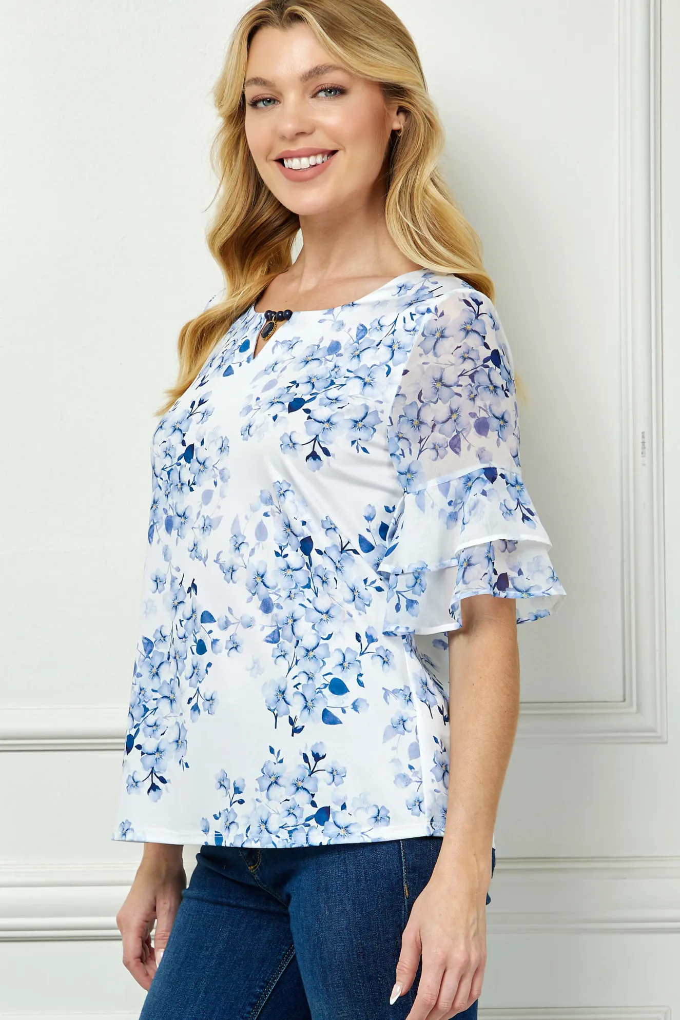 Double Ruffle Sleeve Cutout Neck Blouse in Ivory/Denim