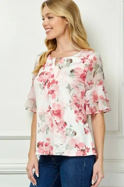 Double Ruffle Sleeve Cutout Neck Blouse
