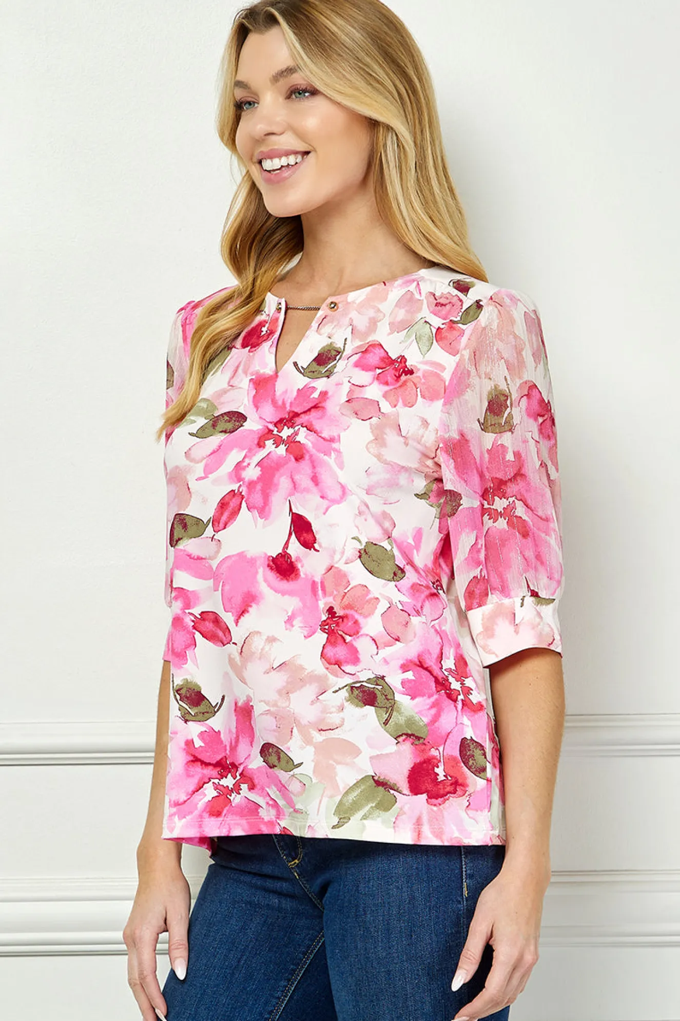 Elbow Sleeve Cutout Neck Mix Media Blouse - Pink
