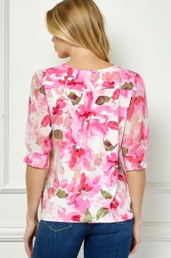 Elbow Sleeve Cutout Neck Mix Media Blouse - Pink