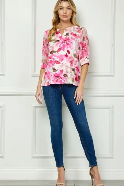 Elbow Sleeve Cutout Neck Mix Media Blouse - Pink