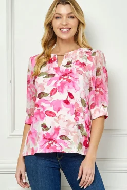 Elbow Sleeve Cutout Neck Mix Media Blouse - Pink