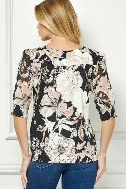 Elbow Sleeve Cutout Neck Mix Media Blouse - Black