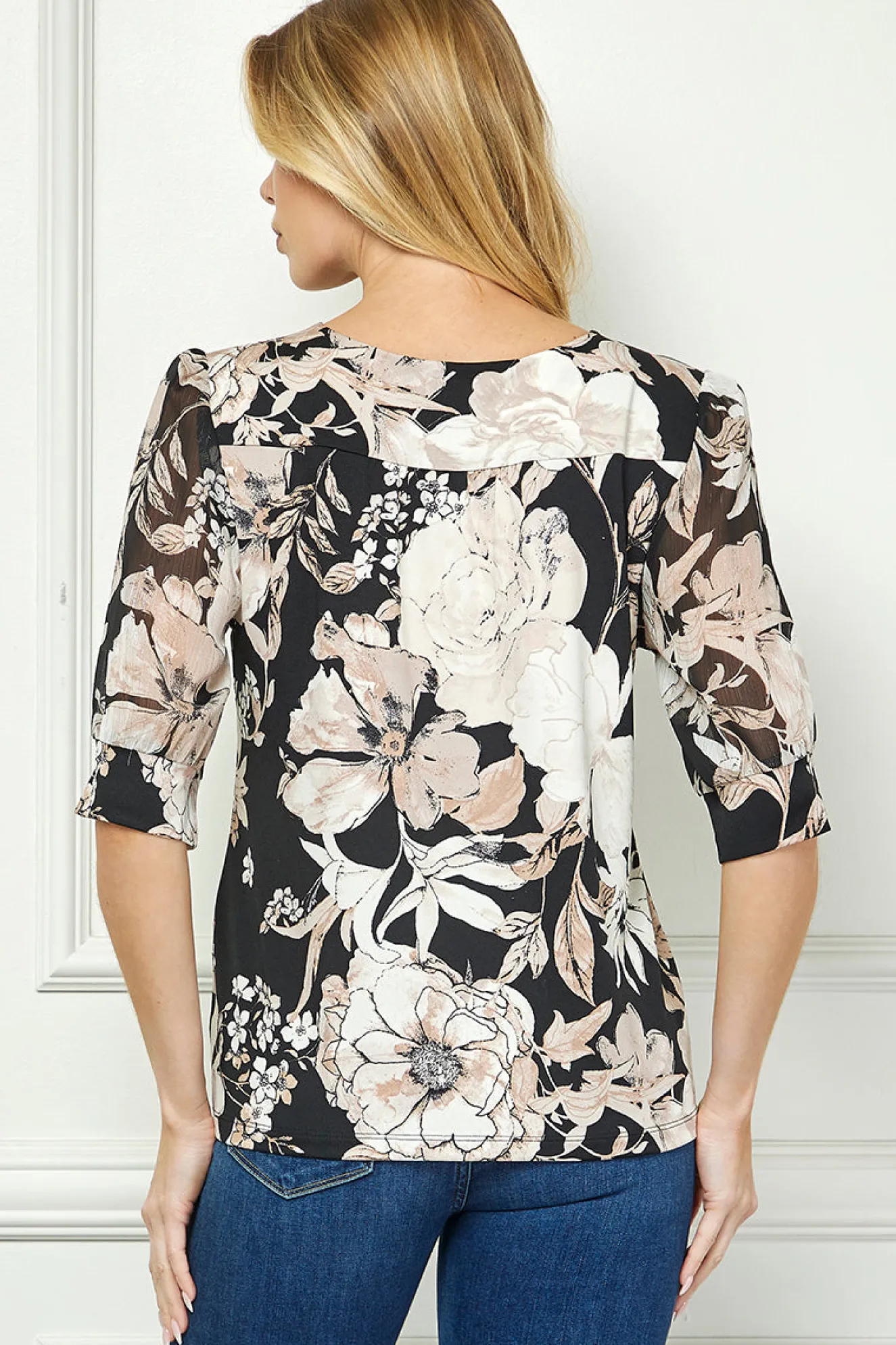 Elbow Sleeve Cutout Neck Mix Media Blouse - Black