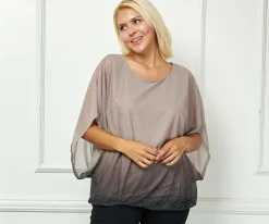 Elbow Sleeve Poncho Knot Back Bubble Blouse - Grey - Plus