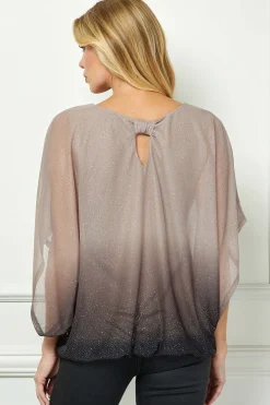 Elbow Sleeve Poncho Knot Back Bubble Blouse - Grey