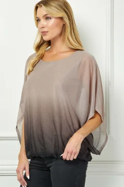 Elbow Sleeve Poncho Knot Back Bubble Blouse - Grey