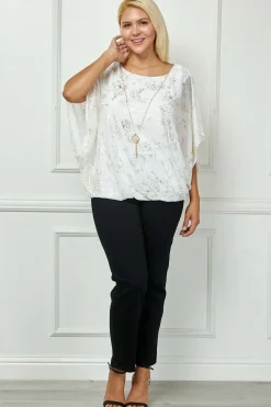 Elbow Sleeve Poncho Necklace Bubble Blouse - White - Plus