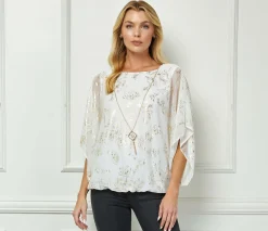 Elbow Sleeve Poncho Necklace Bubble Blouse - White