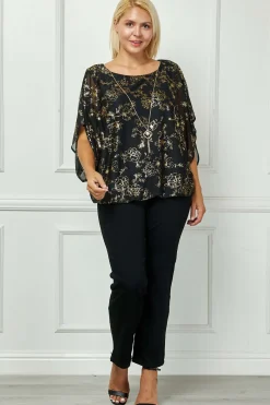 Elbow Sleeve Poncho Necklace Bubble Blouse - Black - Plus