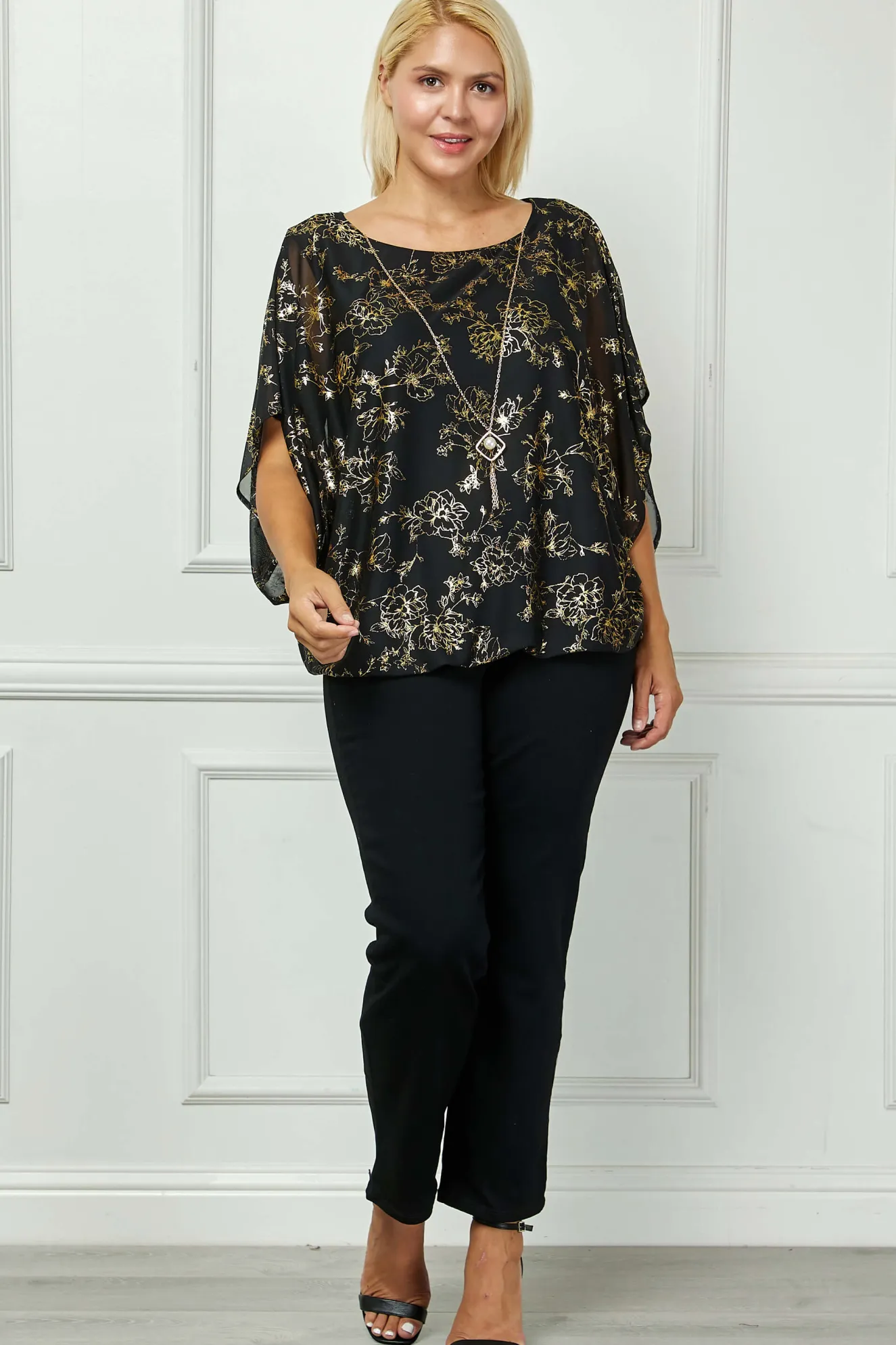 Elbow Sleeve Poncho Necklace Bubble Blouse - Black - Plus