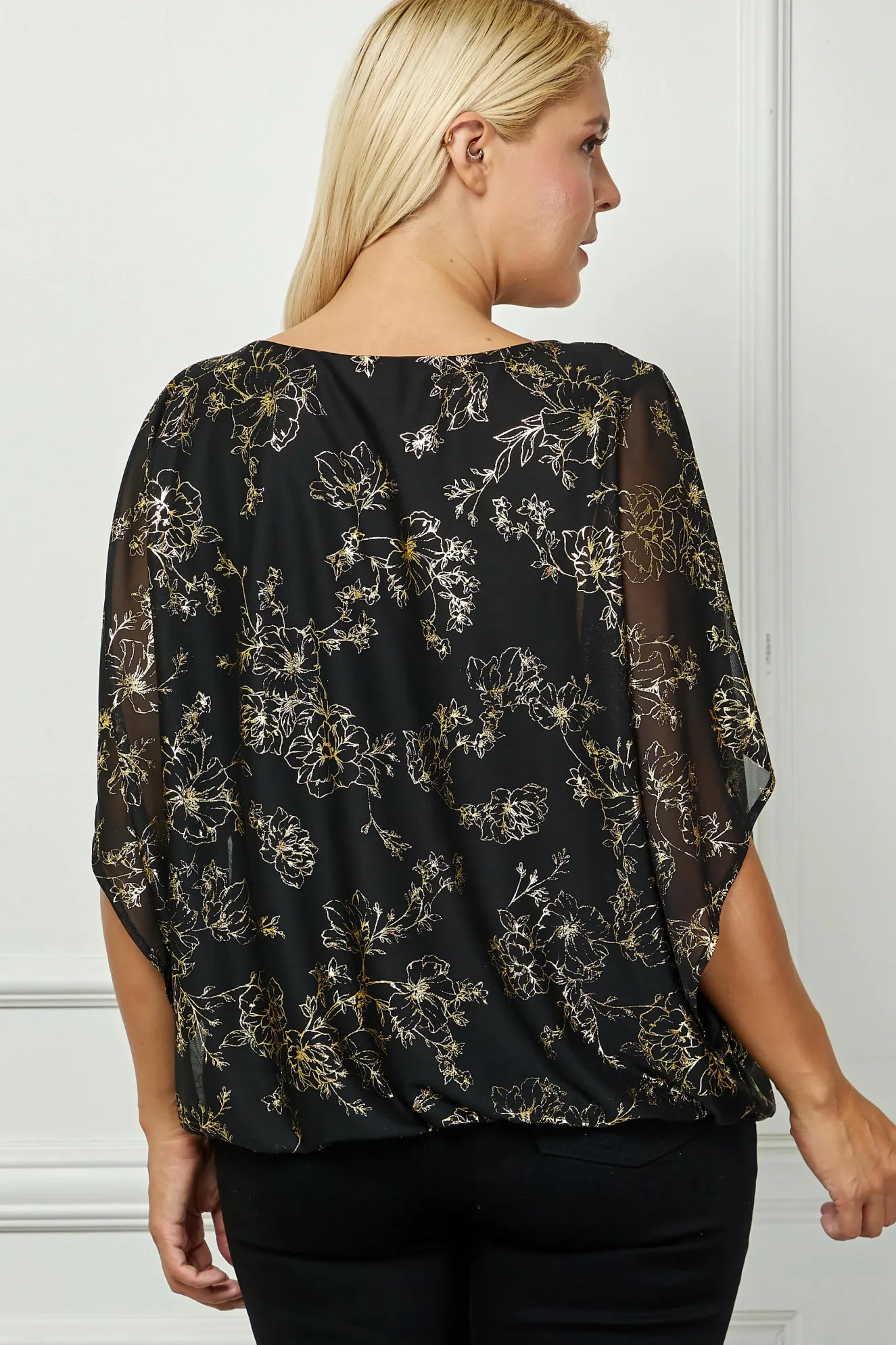 Elbow Sleeve Poncho Necklace Bubble Blouse - Black - Plus